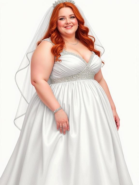 A 20 years old woman dressed in a white wedding dress. She has long red hair and a playful pose. The woman has a round face and is plump. She is smiling and appears happy. The illustration has a hyperrealistic style and is colorized.
