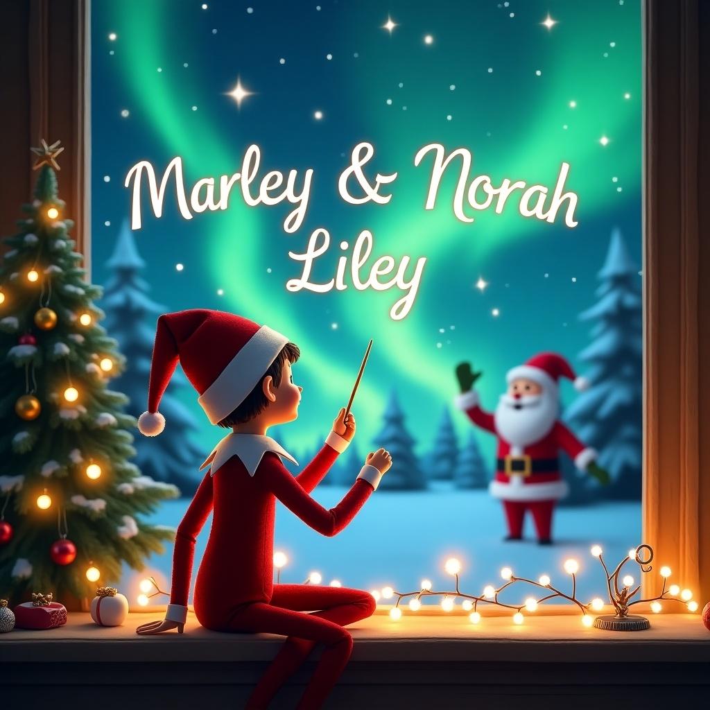 The image depicts an elf sitting by a window with his back to the viewer. He faces a stunning night sky decorated with northern lights. The elf is using a magic wand to elegantly write the names 'Marley & Norah Lilley' in the sky. In the background, Santa Claus can be seen, adding to the festive atmosphere. The scene is beautifully lit, enhancing the magical Christmas vibe.