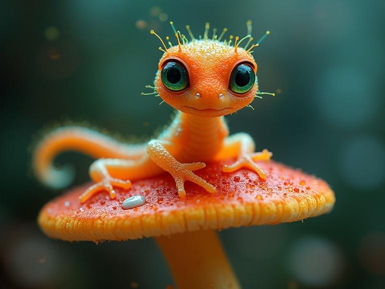 A neon orange alien snake with big eyes on a glowing mushroom. The background features bioluminescent flowers in vibrant colors. The image presents a whimsical and fantastical scene.
