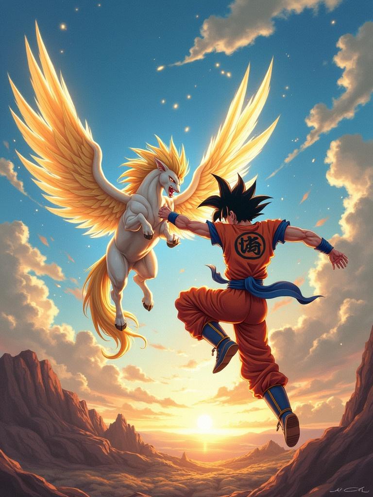 A dynamic and colorful illustration of Goku battling Seiya the Pegasus. The background shows a sunset over dramatic mountains. Goku is in a battle stance wearing his signature orange uniform. Seiya the Pegasus has majestic wings and a shining mane. Dramatic light creates an epic atmosphere.