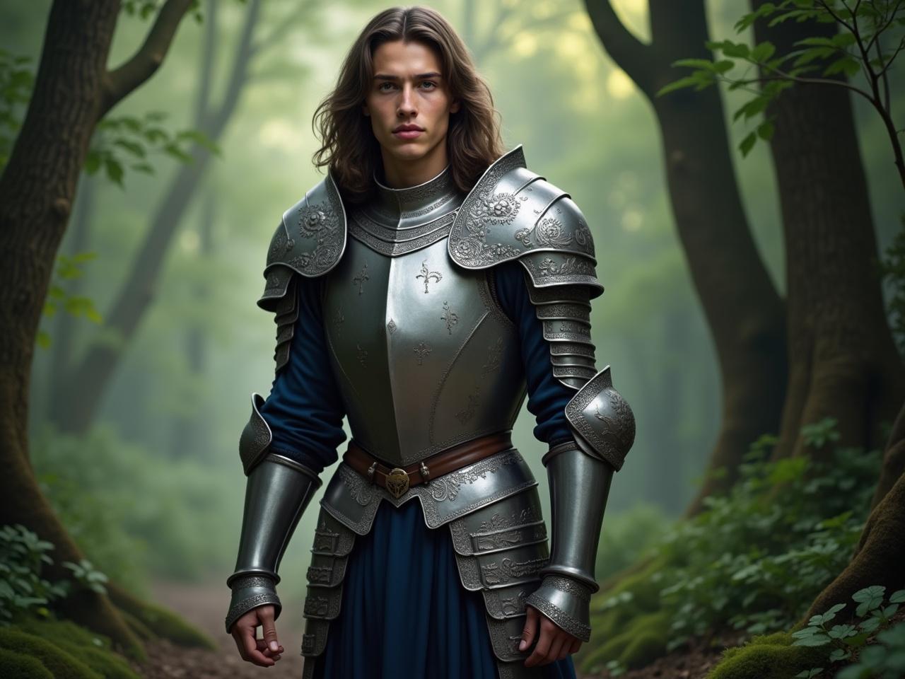 The image features a young man dressed in intricate silver armor, standing confidently in a lush, green forest. The armor is ornate, showcasing detailed engravings, and is complemented by a deep blue tunic that adds a splash of color. His long, dark hair falls in soft waves around his face, framing a calm and determined expression. The background is filled with soft, diffused light filtering through the trees, suggesting a mystical and adventurous atmosphere. He appears ready for a quest or battle, embodying the spirit of a knight or hero from a fantasy tale.