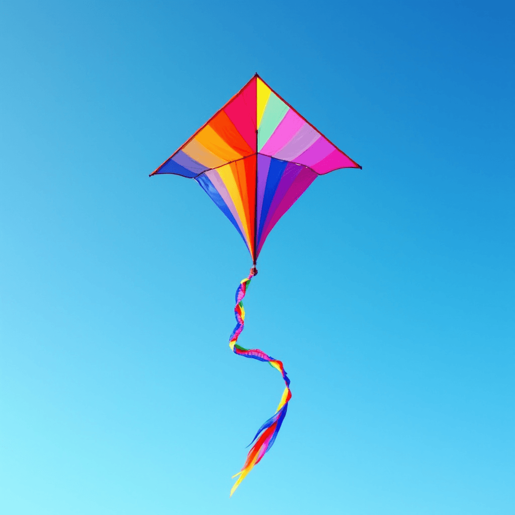 A vibrant, multicolored kite soaring in a clear blue sky.