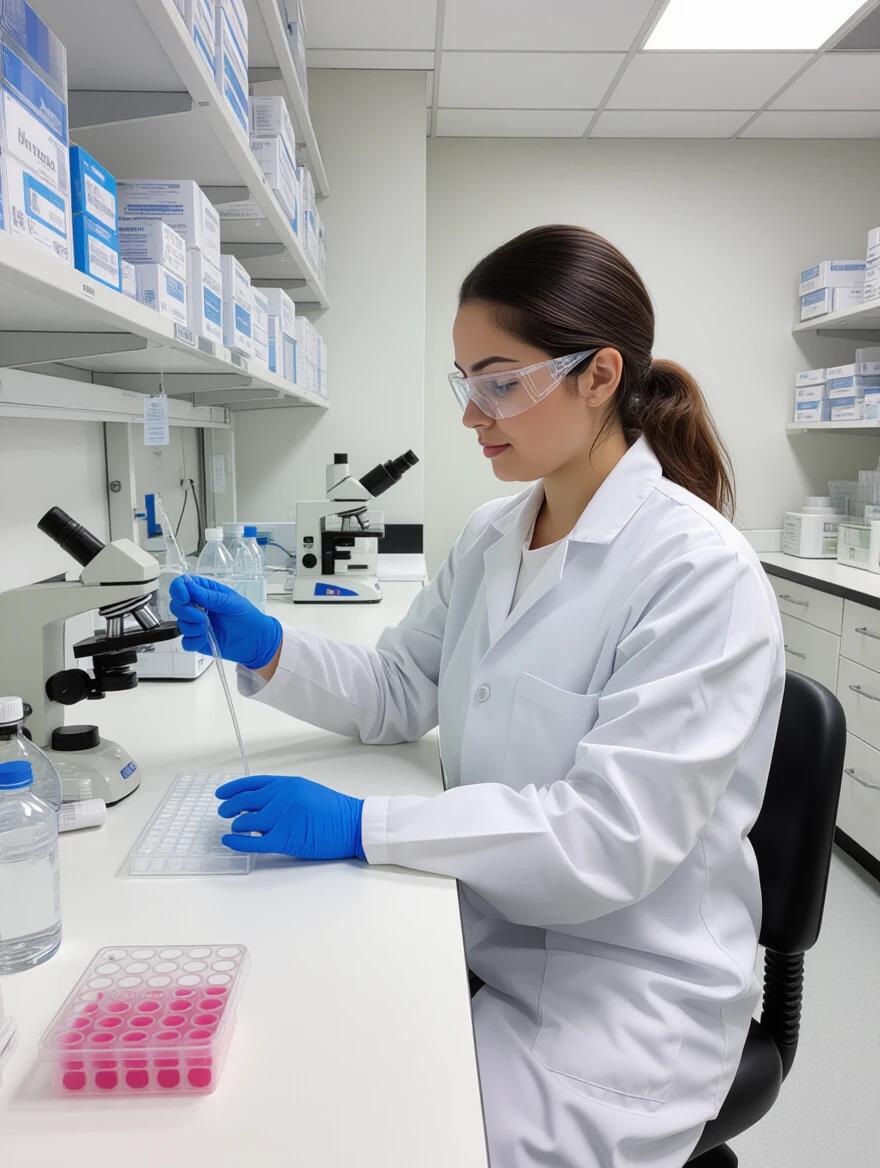 Young medical biologist working in a cytogenetics lab. The scientist wears a white lab coat and safety goggles. She is focused on pipetting samples in front of a microscope. Lab equipment and materials are visible in the background.
