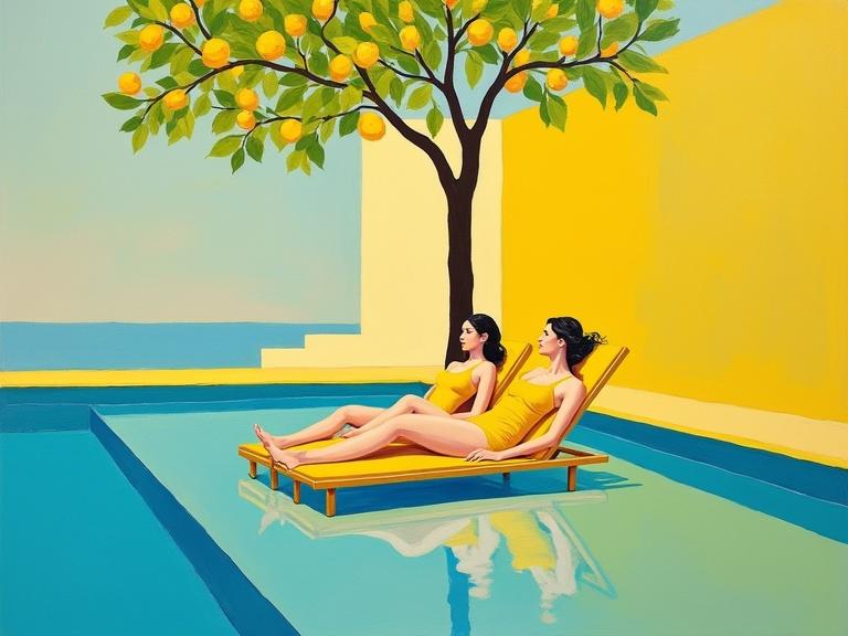 An abstract modern painting inspired by Expressionism. Features two women in yellow bathing suits lounging by a pool under a lemon tree. The scene incorporates soft colors with neon accents.