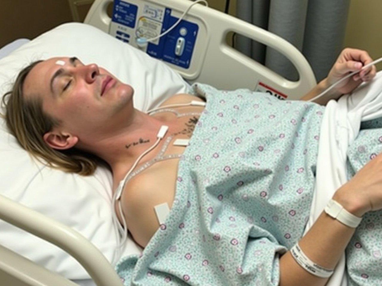 The image shows a patient lying in a hospital bed. They are connected to various medical devices, including monitors and tubes. The patient is wearing a hospital gown with a distinctive pattern. There are several IV lines going into their arms, indicating they are receiving treatment. The environment appears to be a clinical setting, with medical equipment and sterile elements visible.