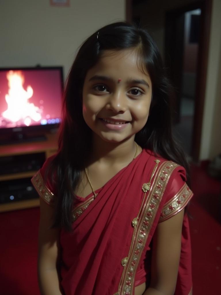 A young female wearing a saree appears in the foreground. Long dark hair is styled. She faces the camera with a slight smile. A TV with a fire burning is visible in the background. The room features a red floor and white walls.