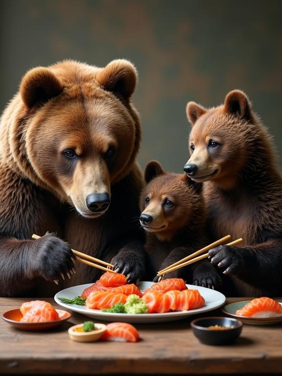 A family of grizzly bears sits at a table, dining on salmon sashimi with chopsticks. The table includes wasabi and other condiments. The family consists of papa bear, mama bear, and two cubs. All bears enjoy the sushi. Real photoshoot style. National Geographic influence.