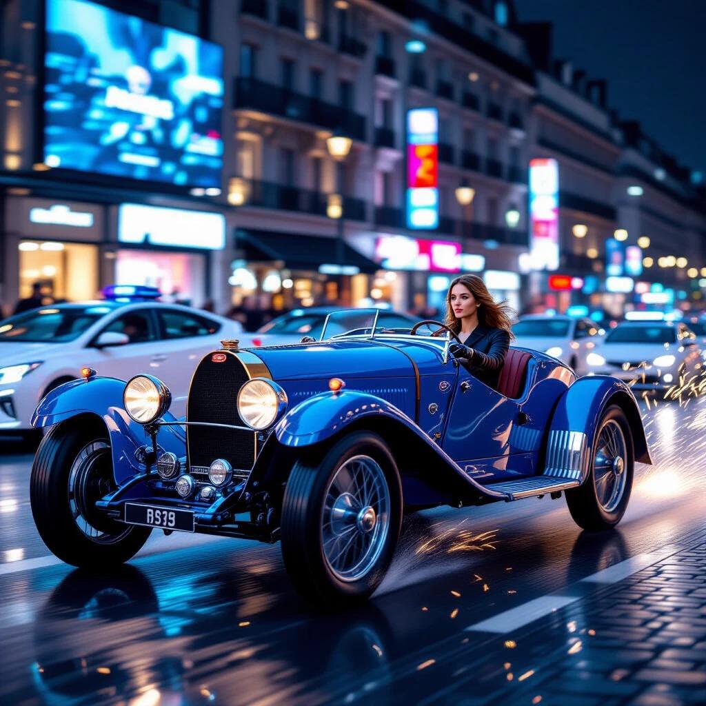 Night urban scene in Paris 2025 with a vibrant blue Bugatti T35 speeding on Champs-Élysées. A beautiful female driver with gloved hands and determined expression drives with huge chrome wheels. Background features a bokeh effect of modern self-driving vehicles and holographic advertisements. Foreground shows sparks from cobblestones. Shot with high detail and sharp focus on the car and driver.
