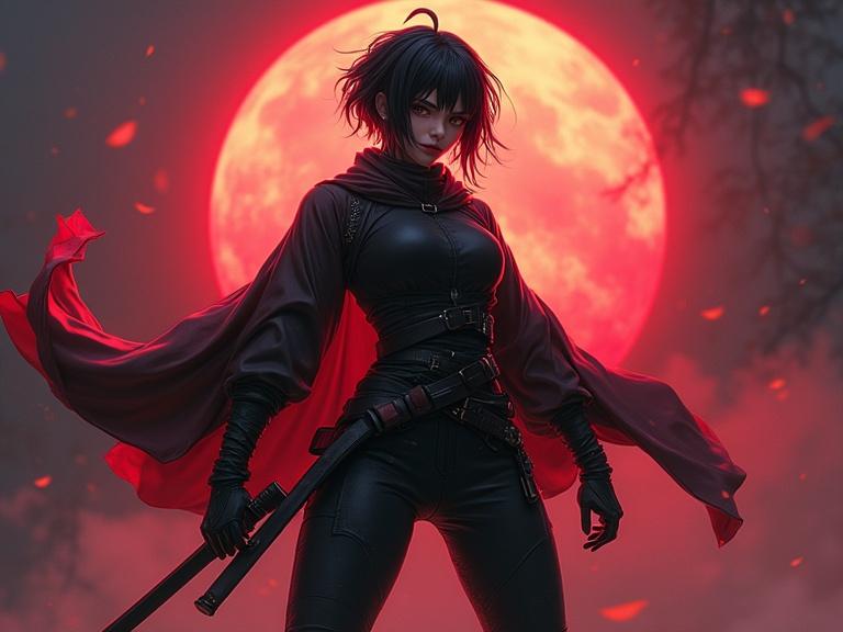 A full-body view of a female ninja character in hot pants with black short hair. The character stands in an action pose against a dramatic red moon background, wearing a cloak and holding a sword. The scene is dark and cybernetic with cinematic lighting.