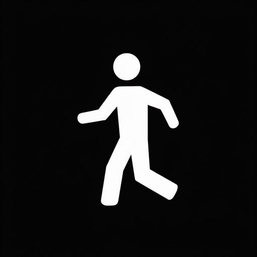 Minimalist exit figure symbol depicted as a simplified stick figure walking. Clean icon-style design with sharp contrast against a black background. Centered composition resembling a high contrast sign, in a vector art style.