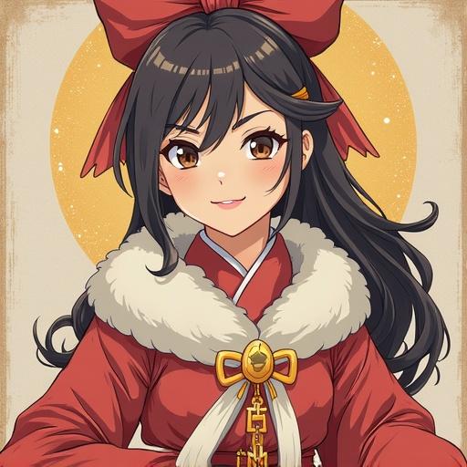 Anime style character dressed in traditional Japanese clothing with a large red bow and fur coat. Background features a golden circle. Character displays an inviting smile.