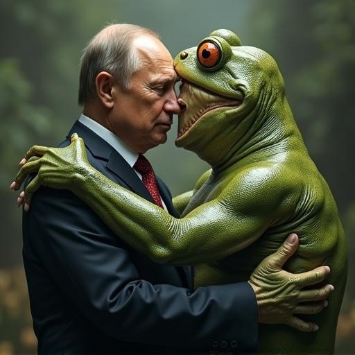 Hyperrealistic artwork features Vladimir Putin and Donald Trump partially transforming into a comical bullfrog monster while hugging. The imagery portrays a fusion of political figures and fantastical elements in a humorous manner.