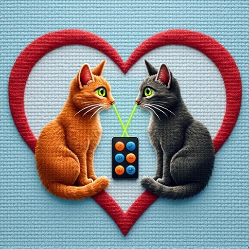 Embroidery design featuring two cats inside a heart shape. Cats have green lasers from their eyes pointing to remote control. Background is light blue with a red heart outline. Style resembles cross-stitch with detailed fur and visible stitches.