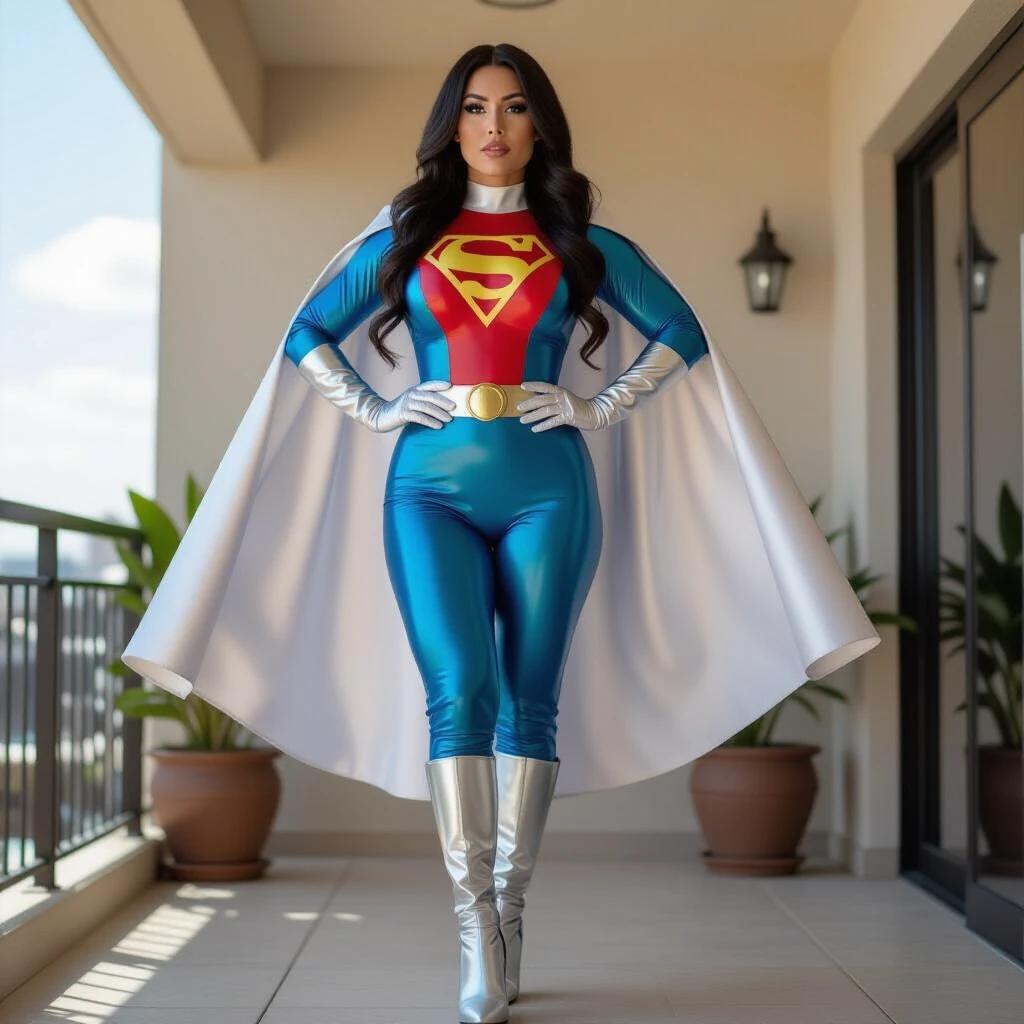 Curvy superheroine in a latex bodysuit inspired by transgender flag colors. Metallic silver gloves, cape, boots. Long black hair, hands on hips. Standing 20 feet off ground, elegant levitation. Shot from distance showing feet not touching ground.
