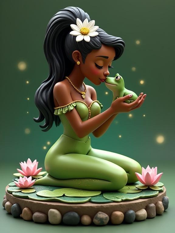 3D sculpture inspired by Tiana from Princess and the Frog. Figure is seated elegantly on a circular base with stones, lily pads, lotus flowers. She wears a bright green dress with gold details. A large white flower is in her hair. Eyes are closed, leaning forward, kissing a magical frog. Posture conveys elegance and confidence. Soft lighting with sparkles simulates water reflection. Figure connected to base without floating elements.
