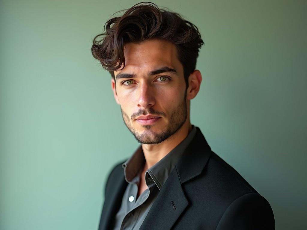 This image features a handsome male model, approximately 32 years old, with striking green eyes and dark, wavy hair. He is dressed in a formal black suit over a stylish shirt, posing confidently. The background is a soft green, adding warmth to the image. His expression conveys poise and sophistication, making it suitable for various fashion and marketing contexts. The lighting enhances his masculine features, creating a captivating visual appeal.