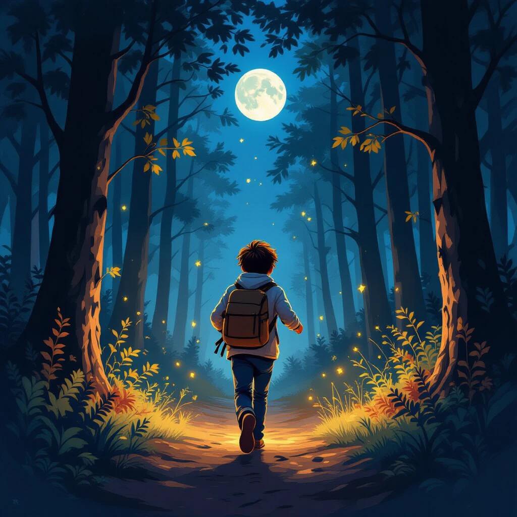 A boy is walking in a moonlit forest path. The forest is dense with tall trees and glowing lights like fireflies. There is a mixture of moonlight and shadows. The boy is wearing a backpack and looking ahead. The scene captures a feeling of adventure and wonder.