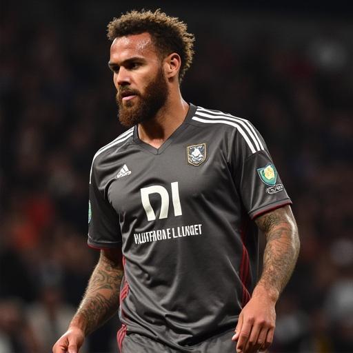 A soccer player wearing a gray jersey is shown in action during a game. The athlete appears to be focused and engaged. The background displays a crowd in a sports arena.