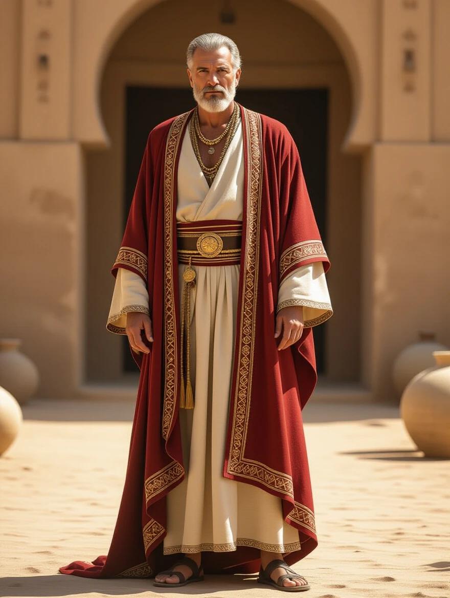 Richly dressed biblical character from ancient times. Aged 45 years. The character is wearing a luxurious garment with intricate designs. The attire features a deep red cloak over cream clothing. The character stands confidently outdoors on a sandy surface. Rich cultural and historical elements depicted in a hyper-realistic style.