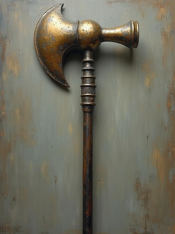 Sturdy handle with a polished metal mace head in an impressionistic Eldritch style. Focus on rich textures and muted background.