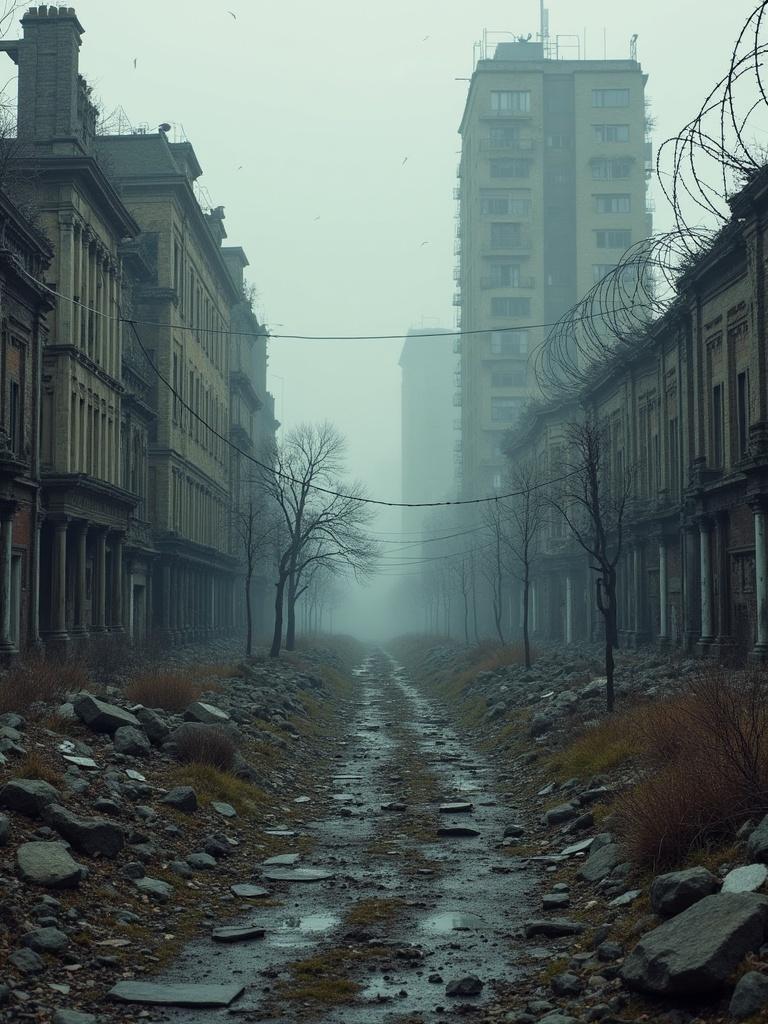 A crumbling city with broken down buildings. The scene features a foggy path lined with barbed wire. The ground is littered with stones and debris. There are weeds growing between the ruins. Buildings are weathered and show signs of age.