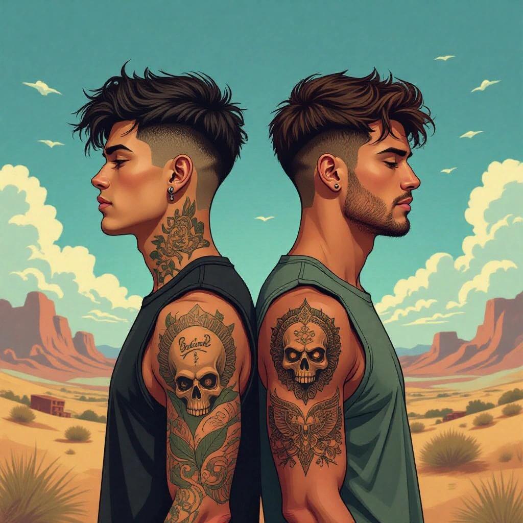 Semi-realistic illustration of two contrasting young men in a fantasy landscape. One has short dark hair and tattoos covering his muscular body, while the other has longer hair, is slender, and has no tattoos. The tattooed man is Hugo, hiding scars with ink. The other, Adam, is a teacher, simple in appearance. Both stand back to back.