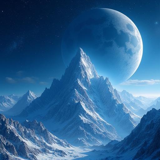 Image of a large blue mountain set in outer space with a large moon above. The mountain appears majestic and dominates the scene.