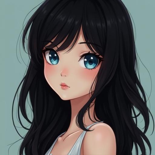 Detailed portrait of a girl with black hair and blue eyes. She has a cute face and an ultra realistic style. The composition includes a full body view.