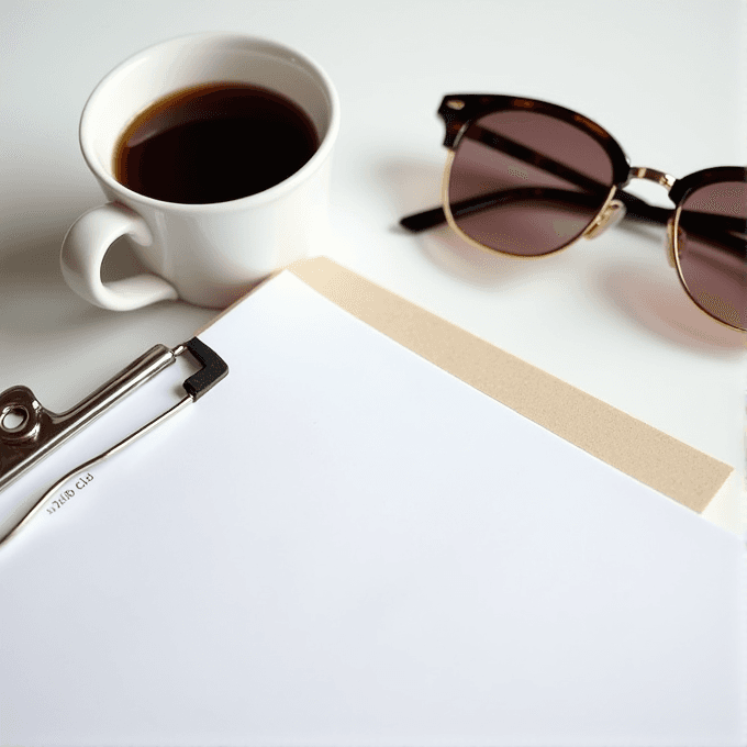 A cup of black coffee sits next to a pair of sunglasses and a clipboard with blank paper.