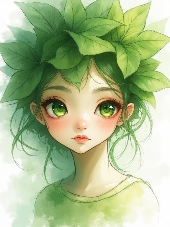 Dreamy illustration of a leafy princess with captivating green eyes. Ethereal and translucent features represented in a watercolor style with jelly-like strokes. Whimsical composition with delicate painterly lines and a loose format.