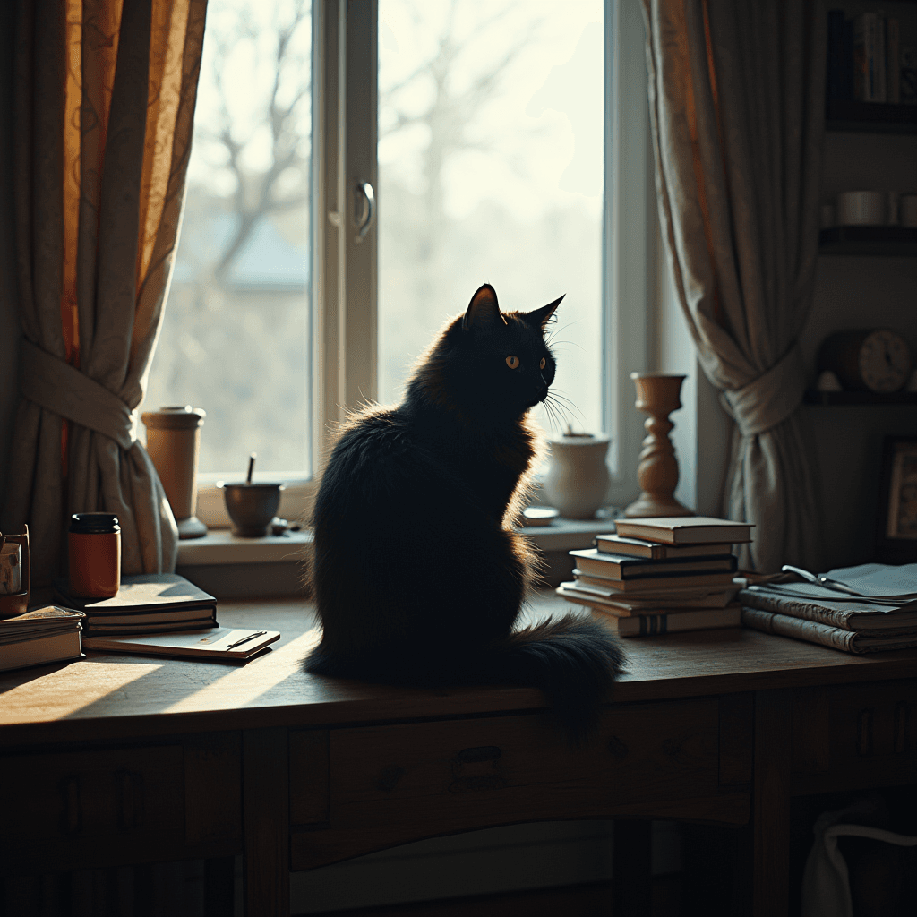 A black cat perched on a desk by a window, surrounded by books, bathes in soft evening light.