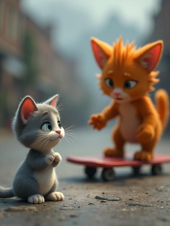 A gray-and-white kitten looks down, feeling embarrassed. Nearby, an orange cat on a skateboard points and laughs. Background animals giggle. The kitten’s ears droop in sadness. 3D Pixar-style animation with overcast lighting and subtle shadows.