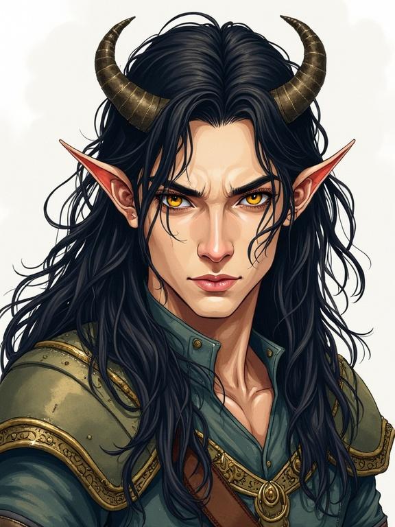 Detailed character portrait of a human male with long black hair. Features normal ears instead of horns. Possesses yellow beast-like eyes. Represents a DnD player character. Ink and watercolor style used for illustration.