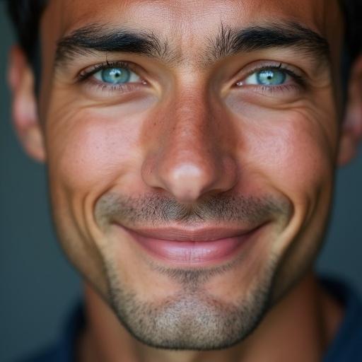 closeup of a man from Kazakhstan. He has blue eyes and dimples. He is smiling.