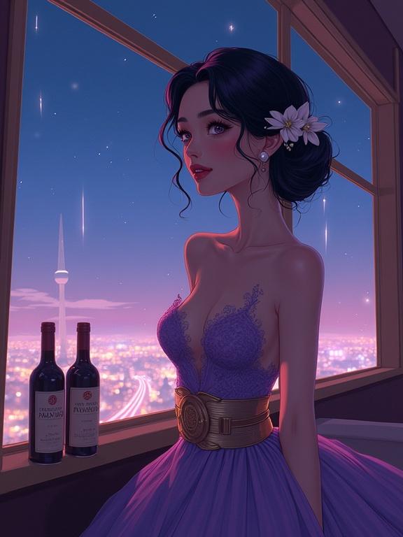 Anime illustration in vintage film style showing a young East Asian woman with dark violet hair and white flowers. Wearing a high-neck purple gown with a golden belt. Scene includes nighttime cityscape and wine bottles. Soft, cool lighting creates elegance.
