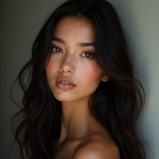 Photorealistic image of a super model beautiful woman with dark long hair looking at the camera.