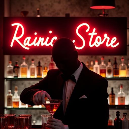 Image shows a stylish bar with an elegant bartender. The bartender wears a black suit and white gloves while mixing a drink. Neon red sign displays Rainic Store. Background features shelves with neatly arranged liquor bottles. Lighting is soft with an ambient glow.