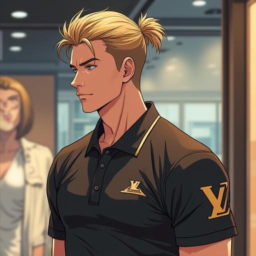 Anime character, man with short light brown spiky hair and silver eyes, wearing an expensive polo shirt in a modern Louis Vuitton shop. Calm look, muscular build, wedding ring on middle finger, shopping around.