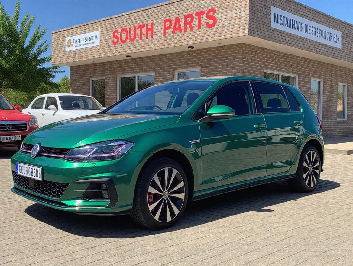 Green Volkswagen Golf parked outside an auto parts store with a practical setting.