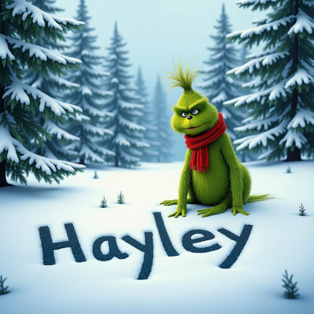 Grinch writes 'Hayley' in the snow. Scene has a lighthearted atmosphere with playful charm. Peaceful winter setting features snow and pine trees. Grinch is covered in green fur and wearing a red scarf.