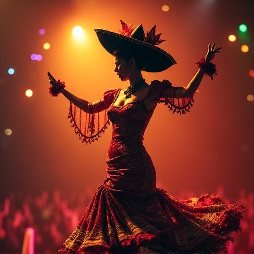 A vibrant flamenco dancer in traditional attire showcasing expressive dance moves. The dancer is adorned with a wide-brimmed hat and beautiful accessories. The background features an energetic crowd with festive lighting, creating a lively atmosphere.