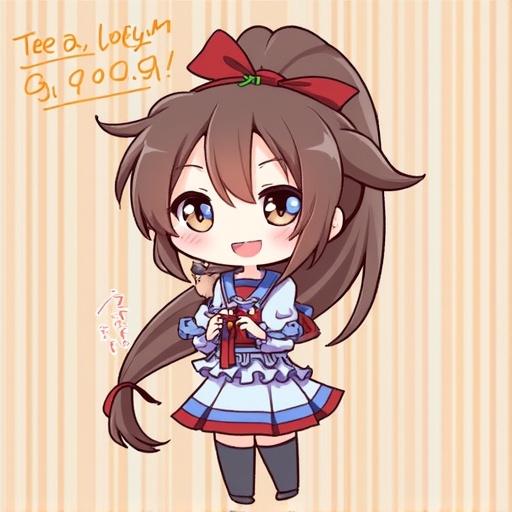 Chibi character of a girl with long ponytail wearing a dress. She has a red bow on her head and holds a small item. The background is striped in soft colors.