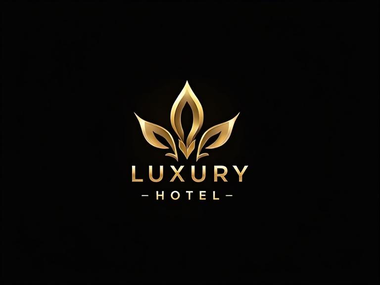 A golden logo representing a luxury hotel in an all-black background. The logo features elegant, symmetrical floral elements to convey luxury and sophistication.