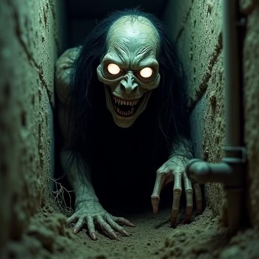 A humanoid creature crawls through a narrow crawlspace. The creature has pale skin and glowing eyes. Long black hair clings to its face. It has a sunken and skeletal face with a sinister smile. One bony hand reaches forward with bent fingers. The environment is dark and grimy with exposed pipes and cobwebs. Dim flickering light creates a claustrophobic atmosphere. Ultra-realistic horror with high detail.