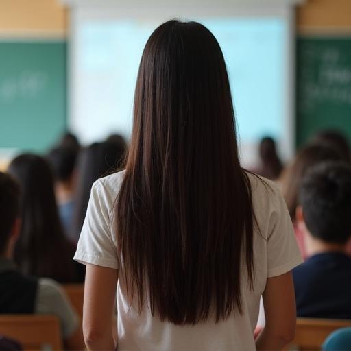 Student stands in classroom during presentation. Long straight dark hair. View from the back. Group of students in front. Engaged in learning environment.