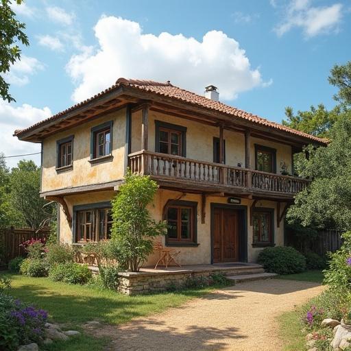 A beautiful two-story house with a rustic charm. Surrounded by greenery and a well-kept garden, it features a balcony and large windows. Natural light highlights the appealing architecture of the home.