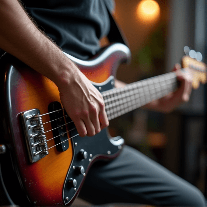 A person is playing an electric guitar, focusing on strumming the strings.