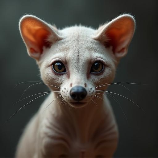 Photograph of a hairless raccoon with a smooth face and large expressive eyes, detailed features, high resolution, realistic appearance