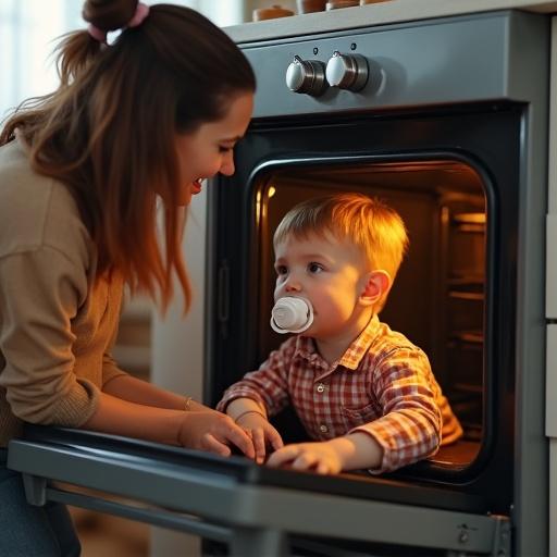 A playful mother engages interactively with her child. The child has a large pacifier. The scene shows a giant oven. The interaction is fun and creative.