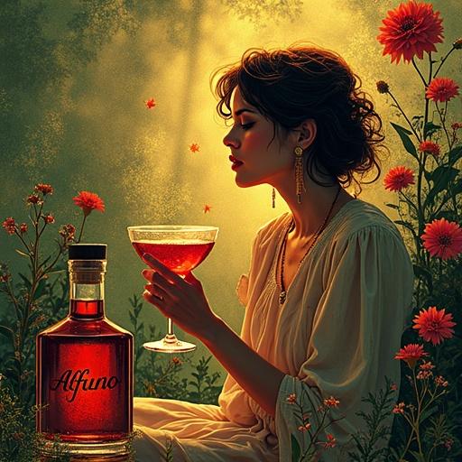A vibrant scene inside a stylized speakeasy. A goddess-like woman enjoys a cocktail in a natural setting surrounded by wildflowers. She wears a flowing dress and appears relaxed. An apothecary-style spirit bottle is prominently displayed with a tag labeled 'ALFRUNO'. The atmosphere radiates comfort and tranquility.
